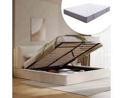 KOMHTOM Gestoffeerd bed, tweepersoonsbed, 180 x 200 cm, hydraulisch functioneel bed, bed met lattenbodem, hoofdeinde, gestoffeerd hoofdeinde, inclusief matras, beige chenille