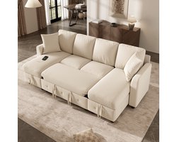 KOMHTOM Hoekbank U-vormige met Slaapfunctie - Chenille Stof - 2 Chaise Longues met Opbergruimte - Uitschuifbare Slaapbank met USB en Type-C - 2 Kussens - Beige - 260×128×82 cm - Moderne Woonkamer