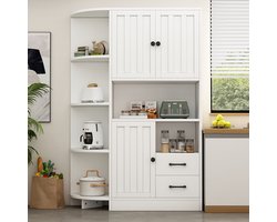 KOMHTOM Hoekkasten 104*35*155 cm, vitrinekast met 3 kasten + 2 laden, woonkamerplanken, hoge kasten en hoog buffet met in totaal 14 opbergruimtes, planken, buffet, wit