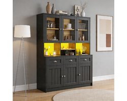Komhtom - Hoge keukenkast en buffet - 140×40×175 cm - Vitrinekast met verstelbare planken - Dressoir met LED-verlichting en variabele lichtkleuren - Wit/Zwart