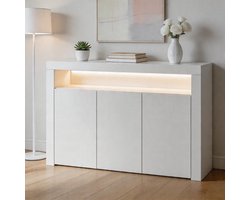 KOMHTOM - Hoogglanzend wit sideboard-vitrine met ledverlichting - moderne houten buffetkast met 3 deuren en opbergruimte - inclusief afstandsbediening - voor keuken, woonkamer, eetkamer, hal