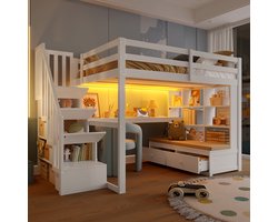 Komhtom Hoogslaper 140 x 200 met bureau en planken, twee ingebouwde lades, opbergtrap, wit