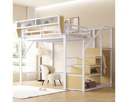 Komhtom Hoogslaper 140x200 met veiligheidsladder en flexibel opbergvak, metalen bed voor volwassenen, stapelbed voor kinderen, wit