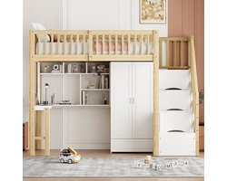 KOMHTOM - Hoogslaper - 90 x 200 cm - Grote kledingkast, plank en tafel - Opbergtrap - Houtkleur houten bedframe