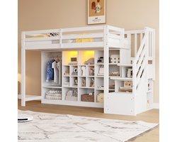 KOMHTOM - Hoogslaper - 90 x 200 cm - Houten bedframe met opbergkasten en geïntegreerde zijdelingse ladder - LED-verlichting - Wit
