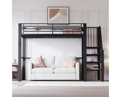 Komhtom Hoogslaper 90 x 200 Stabiel metalen frame met ruime opbergruimte onder het bed en trap Ideaal voor kinderen en volwassenen Bed met opbergruimte voor maximale ruimtebenutting