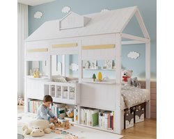 KOMHTOM - Hoogslaper - kinderbed - huisvormig ontwerp - met een rij boekenplanken - stabiele lattenbodem - grenen + MDF + multiplex - wit - 90x200 cm