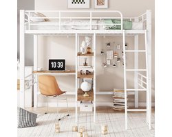 KOMHTOM Hoogslaper stapelbed 90x200 cm Bed met bureau Meerdere planken Leuning Ladder IJzeren frame Wit