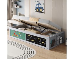 KOMHTOM - Houten bed - 90 × 200 cm - met hydraulische verstelling - schrijfblad - met vilt beklede bovenkant - met opbergruimte voor boeken - links/rechts te monteren - eenpersoonsbed - kinderbed - grijs