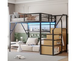 Komhtom IJzeren bed, stapelbed, hoogslaper 140*200, geschikt voor kinderen en tieners Veelzijdige metalen hoogslaper met app-gestuurde led-lichtbalken, trap met opbergruimte, open kast, zwart