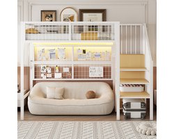 Komhtom IJzeren bed, stapelbed, hoogslaper 90*200, geschikt voor kinderen en tieners Veelzijdige metalen hoogslaper met app-gestuurde led-lichtbalken, trap met opbergruimte, open kast Zwart Wit