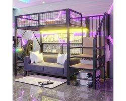 Komhtom IJzeren bed, stapelbed, hoogslaper 90*200, geschikt voor kinderen en tieners Veelzijdige metalen hoogslaper met app-gestuurde led-lichtbalken, trap met opbergruimte, open kast, zwart