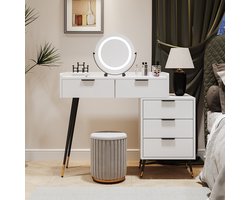 KOMHTOM Kaptafel make up tafel met spiegel en verstelbaar licht Witte verschuifbare zijkasten met 5 laden Wit