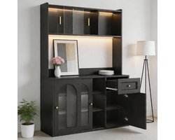 Komhtom - Keukenkast en hoge vitrinekast - Buffetkast met verstelbare planken - Eetkamerkast en dressoir - Met LED-verlichting - Zwart