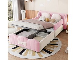 KOMHTOM Kindbed met bekleding 90 x 200, gestoffeerd fluwelen kinderbedframe, hydraulisch bed met opbergruimte en 2 grote sierkussens, geschikt voor jongens- en meisjeskamers.
