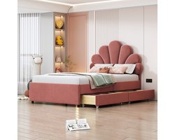 KOMHTOM Kinderbed 90x200 cm Eenpersoonsbed met 2 opbergvakken logeerbed fluwelen stof roze
