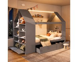 KOMHTOM Kinderbed - 90x200 cm - Huisvormig Ontwerp - Met 2 Lades - LED Verlichting - Opbergruimte - Grijs - Jeugdbed - Stapelbed - Wit - Beige - Fluweel - Multifunctioneel - Hoofdbord - Lattenbodem - Modern - Stevig Hout