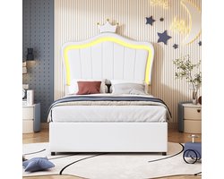 KOMHTOM Kinderbed 90x200 cm met Kroon LED-verlichting In hoogte verstelbaar hoofdeinde Eenpersoonsstapelbed Kunstleer Wit