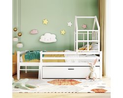 KOMHTOM Kinderbed 90x200cm met ladder en lades Mezzanine bed in massief hout met valbescherming wit