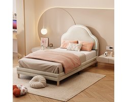 KOMHTOM Kinderbed bed met wisselende veelkleurige LED-strips kinderbed met houten lattenbodem Eenpersoonsbed 90x200 cm beige fluweel