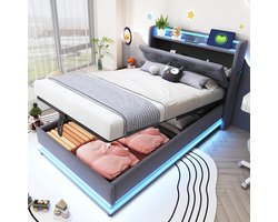 Komhtom Kinderbed Chest bed 90x200 cm met kleurwisselende verlichting en USB-aansluiting opklapbaar hoofdeinde met hydraulische opbergruimte met grijze linnenzak