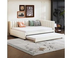 Komhtom Kinderbed Gekleurd bed Dubbel bed 140x200 cm uitschuifbaar sofa bed met lattenbodem nestbed fluweel stof beige