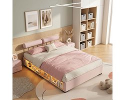 KOMHTOM Kinderbed - Roze Gestoffeerd Bed met LED Verlichting - Opbergruimte - Verstelbaar Hoofdeinde - Jeugdbed voor Meisjes - 140x200 cm