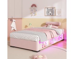KOMHTOM Kinderbed - Roze Gestoffeerd Jeugdbed met LED Verlichting - Opbergruimte - Verstelbaar Hoofdbord - Laag Bed voor Meisjes - 90x200 cm