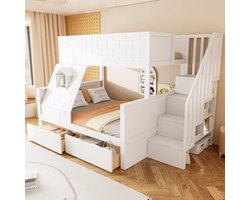 KOMHTOM - Kinderbed / stapelbed - Veiligheidsladder en lades - Massief houten frame - Bovenbed 90 x 200, onderbed 140 x 200