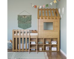 Komhtom Kinderhuisbed 90x200, met dak en raam, met open opbergruimte, met ladder, stapelbed voor kinderen van massief hout zonder matras, houtkleur