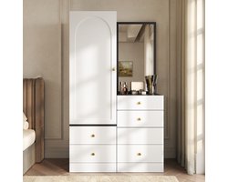 KOMHTOM Kledingkast met Spiegel - Commode met Lades - Make-up Tafel met Krukje - Opbergkast Slaapkamer - MDF Hout - Metalen Handgrepen - Wit