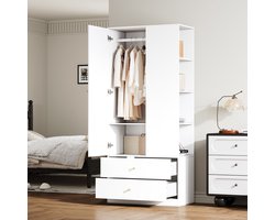 KOMHTOM Kledingkast met Spiegel - Wit - 2 Lades - 4 Legplanken - 1 Deur - Garderobekast Slaapkamer - Opbergkast Kleding - 80x40x180 cm
