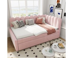 Komhtom L-vormige gestoffeerde bedbank, slaapbank 140x200 cm met bloemenrugleuning en uitschuifbaar bed in roze fluweel