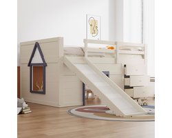 Komhtom Laag stapelbed 140 x 200 met glijbaan, drie lades en twee deuren, crème