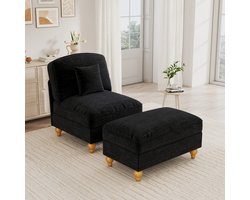 KOMHTOM Loungestoel - Chenille - Comfortabele Fauteuil met Voetenbank - Woonkamer Stoel met Houten Poten - Zwart