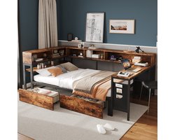 KOMHTOM Metalen bed 120 x 200 cm met opbergruimte, eenpersoonsbed in zwart/natuur met 2 lades, opbergvakken, oplaadaansluiting, bijzettafeltje, stoffen tas en stoffen lades