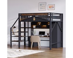 Komhtom Metalen hoogslaper 140 x 200 cm, unieke structuur met raam, met veiligheidsladder, grote opbergruimte onder het bed, zwart