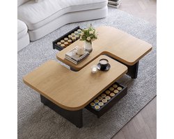Komhtom Moderne salontafel met LED-design van milieuvriendelijk hout 2-in-1-design naar keuze te combineren design in natuurlijke houtkleur 2 lades zachte rondingen in hoogte verstelbare poten.