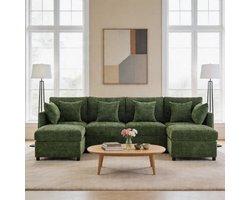 Komhtom - Modulaire bank - om te vormen tot U-vorm en L-vorm - met 2 poefs en 6 kussens - moderne chenille stoffen bankstel - geschikt voor woonkamer, appartement en diverse woonruimtes - groen - video beschikbaar