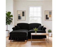 Komhtom - Modulaire mid-century L-vormige 2-zitsbank van chenille - met trechtervormige armleuningen, afneembare ruches, spindelvormige poten en verplaatsbare poef - diep zitcomfort voor de woonkamer - zwart