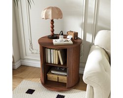 KOMHTOM Nachtkastje - Walnoot - Met Oplaadstation USB Stopcontact - Op Wieltjes - Mid-Century Modern Design - Schuine Deur - Slaapkamer Woonkamer Kastje - Cilindervorm - 60x60x60cm