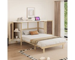 KOMHTOM - Opklapbed - 140x200 cm - Wandbed met Lattenbodem - Opbergvakken - Rotan-design - Houtkleur