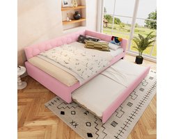 Komhtom Rustbed, 140*200 cm Rustbed, slaapbank, bed met lattenbodem (zonder matras), met bedlampje, met multifunctioneel uitschuifbed, USB-poort, type C, comfortabel materiaal, imitatie fleece, roze
