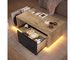 KOMHTOM - Salontafel met Lade - Salontafel met Opbergruimte - Multifunctioneel Retro Design met Geïntegreerde LED-verlichting - Hout-Metaal