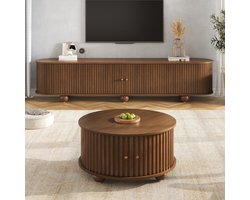 KOMHTOM Salontafel Set met TV-Meubel - Rond Industrieel Design - MDF Hout met Metalen Poten - Opbergruimte Schuifdeuren - Zwart Koffietafel Woonkamer Bijzettafel Modern