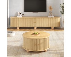 KOMHTOM Salontafel Set - Ronde Salontafel met TV-Meubel - Industrieel Design - Mangohout Look MDF - Zwart Metalen Poten - Schuifdeuren - Opbergruimte - Modern Woonkamer - Koffietafel - Bijzettafel