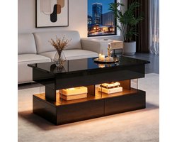 KOMHTOM Salontafel - Zwart Hoogglans - Verstelbaar Tafelblad - Met LED Verlichting - 2 Lades - Verborgen Opbergruimte - MDF Acryl - Modern Design - 100x50x46cm - Woonkamer Bijzettafel