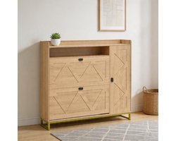 Komhtom - Schoenenkast met klapdeksel - dubbel klapdeksel en zijkast met open bovenste vak - geometrisch geperste deuren en metalen frame - opbergkast voor de hal en groot schoenenrek