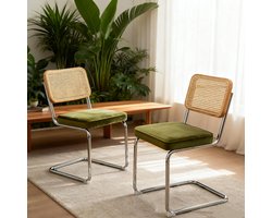 KOMHTOM Set van 2 eetkamerstoelen, bijzetstoelen van rotan en fluweel met verchroomde poten, moderne stoelen in mid-century-stijl ontworpen door Breuer, gestoffeerde stoelen voor eetkamer, woonkamer en keuken