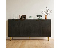 KOMHTOM - Sideboard woonkamer ladekast met 4 deuren - gouden geborstelde handgrepen en hoogglans tafelpoten - zwart - 160×80×40 cm (B×H×D)